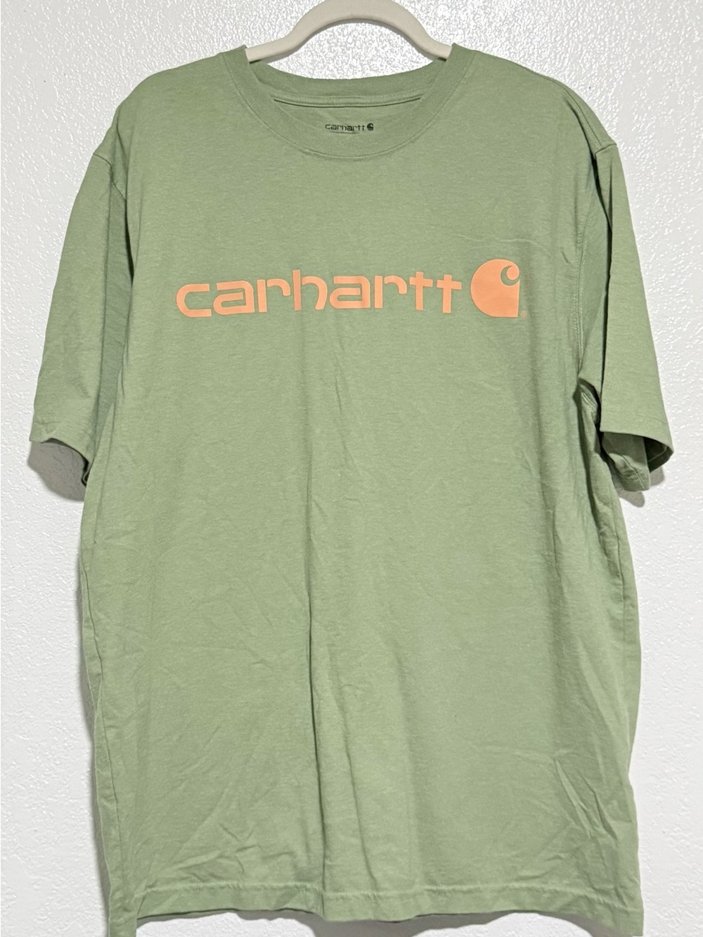 Carhartt Men’s Light Olive Crewneck Tee with Peach Logo size Large
